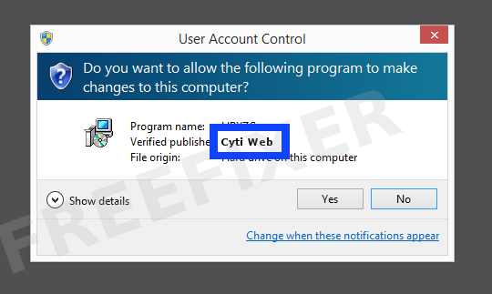 Screenshot where Cyti Web appears as the verified publisher in the UAC dialog